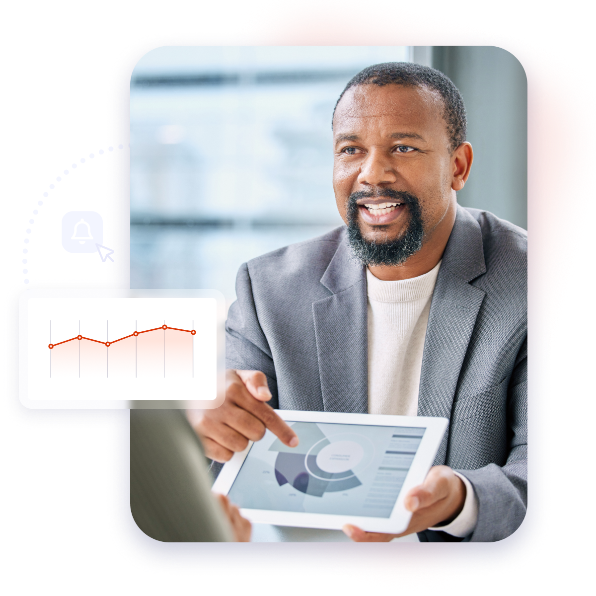 Mature man showing chart in a tablet